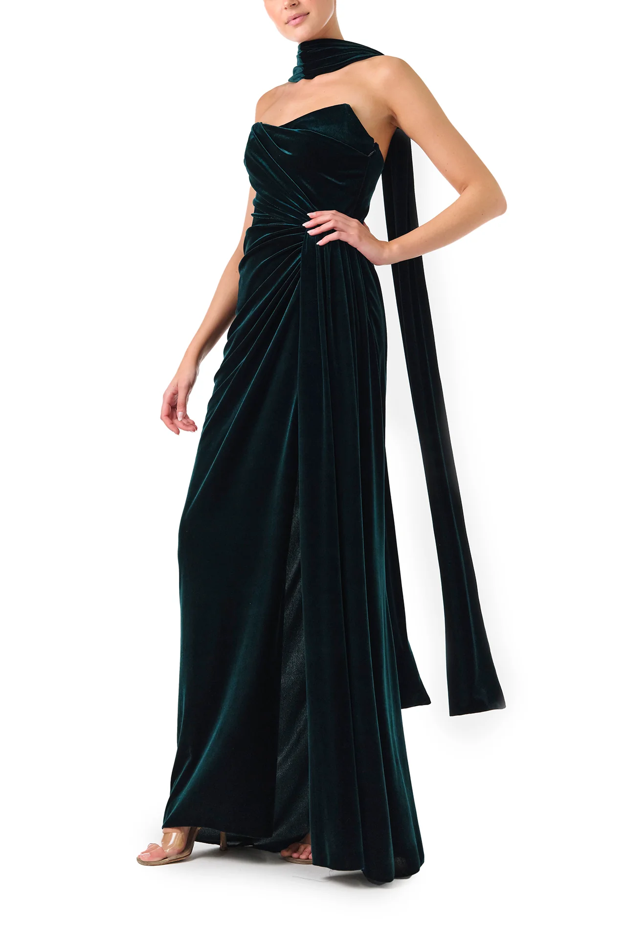 Strapless Velour Gown With Scarf - Image 4