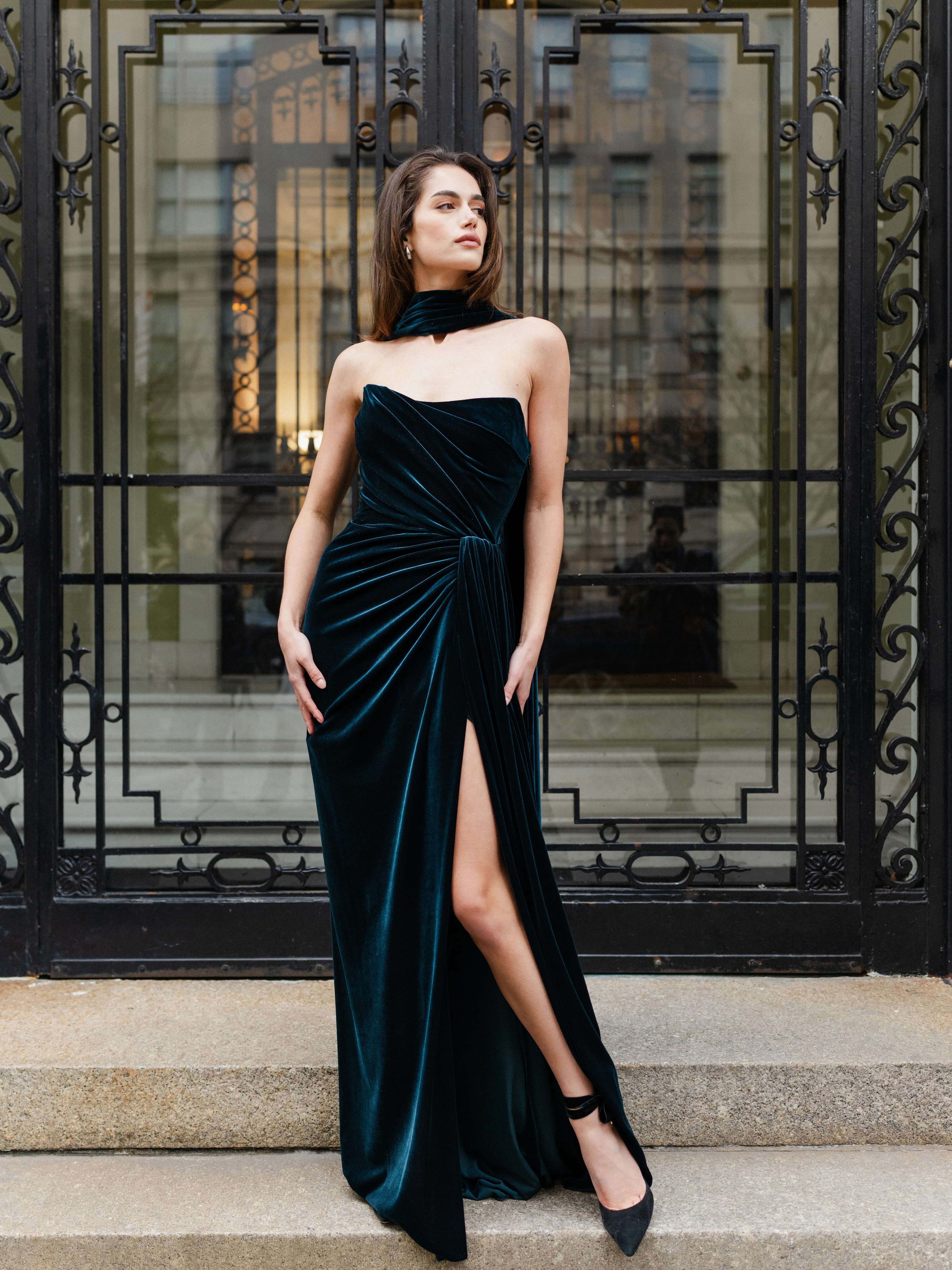 Strapless Velour Gown With Scarf - Image 7