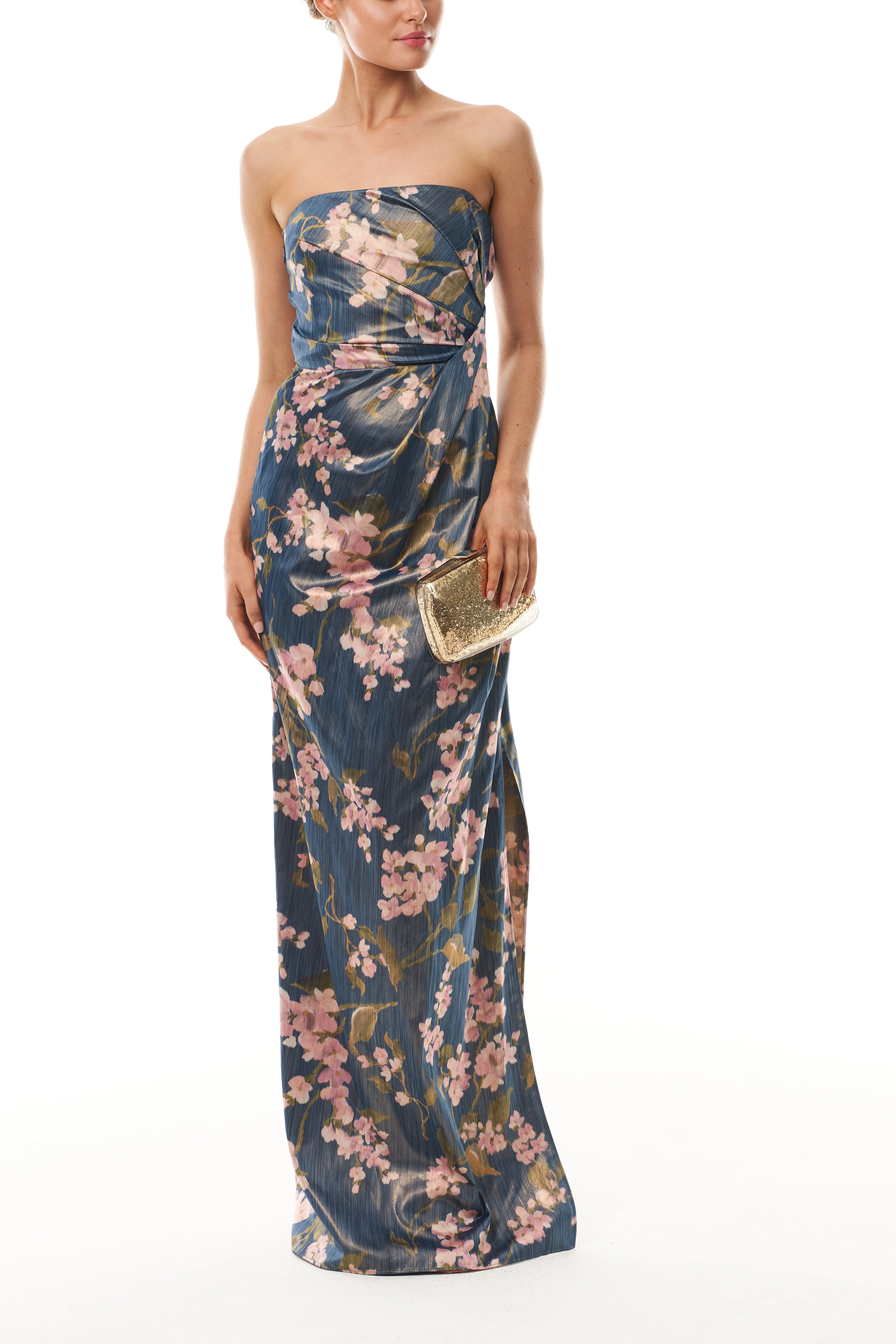 Draped Floral Strapless Column Gown - Image 6