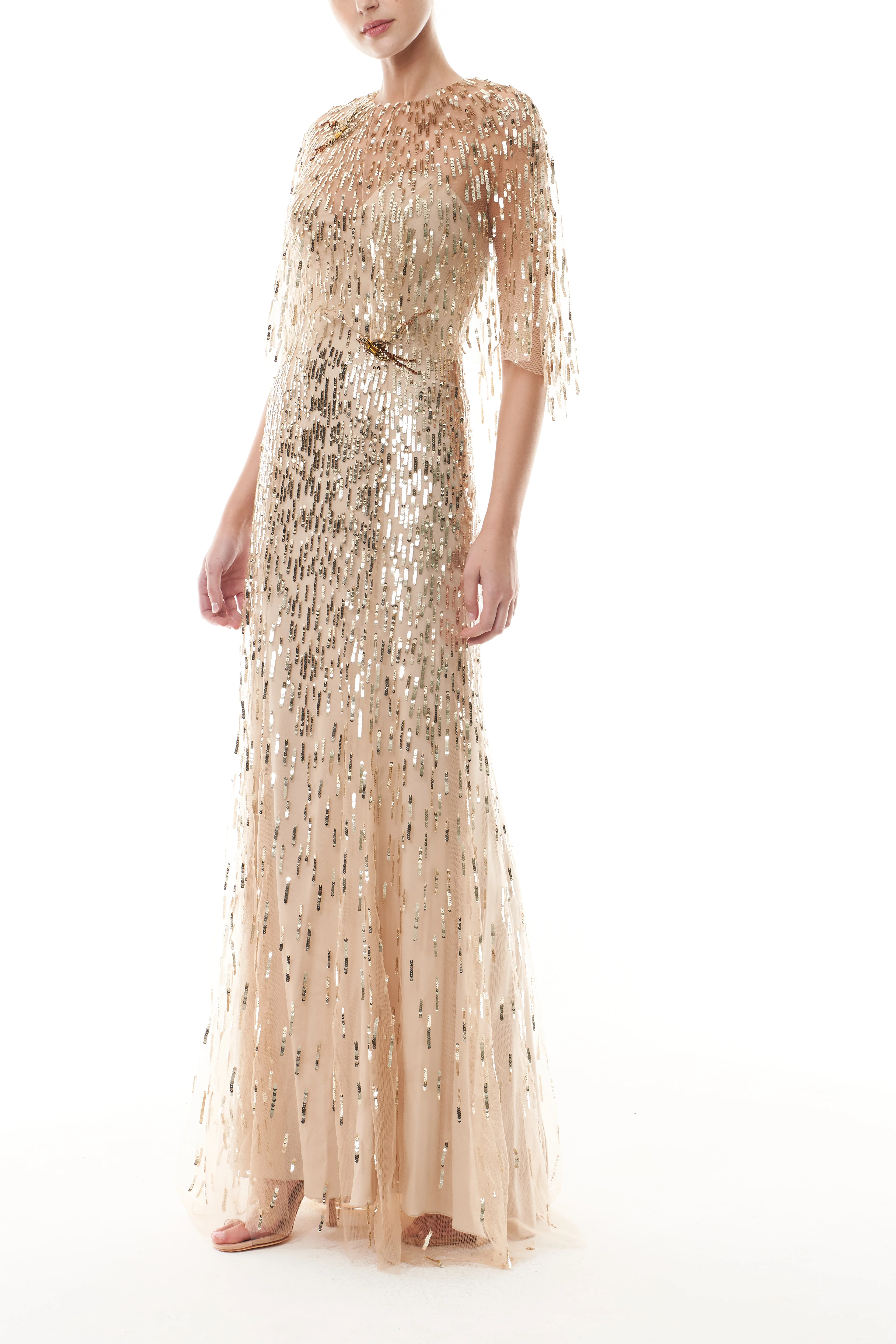 Gold Embroidered Gown With Capelet - Image 3