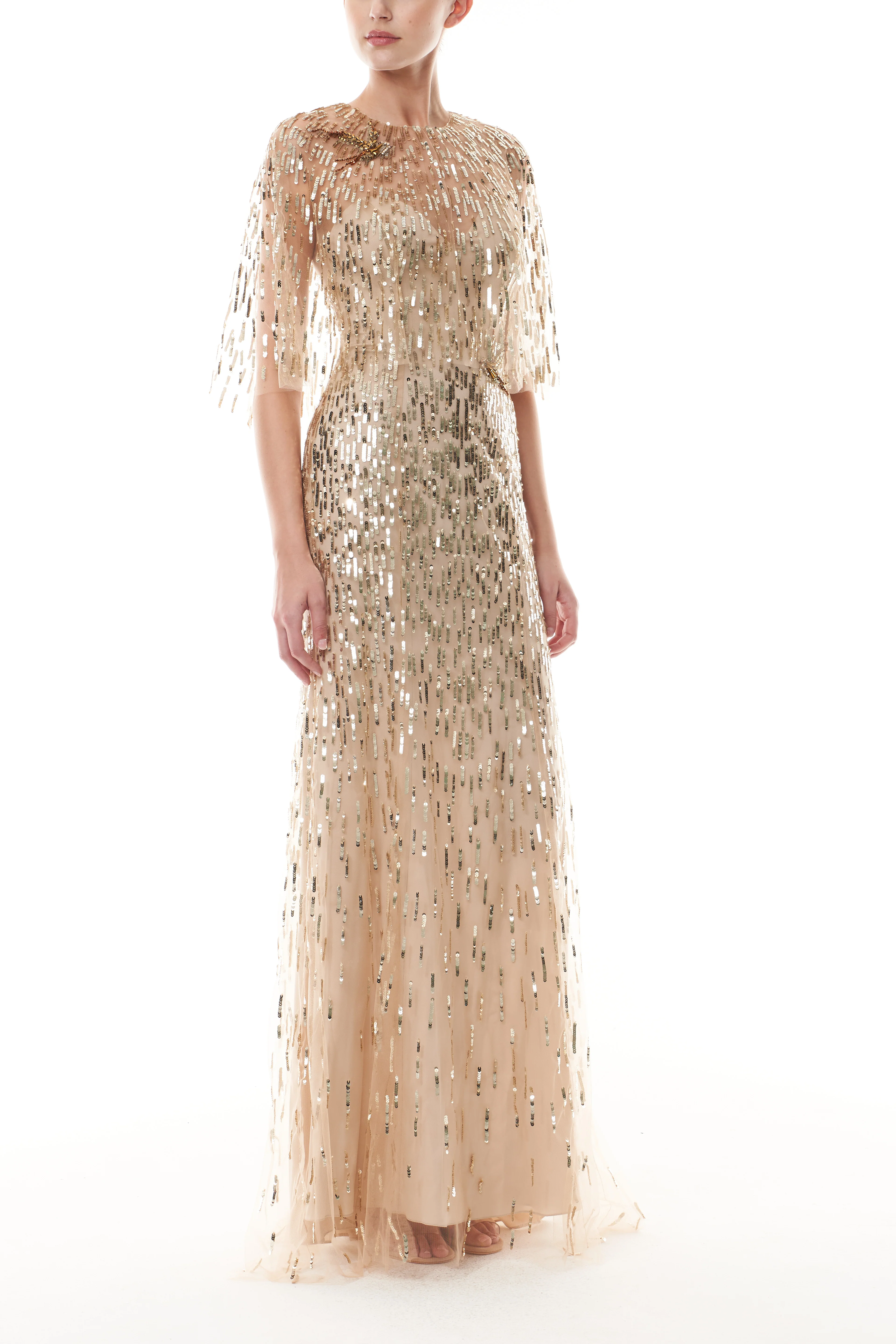 Gold Embroidered Gown With Capelet - Image 4