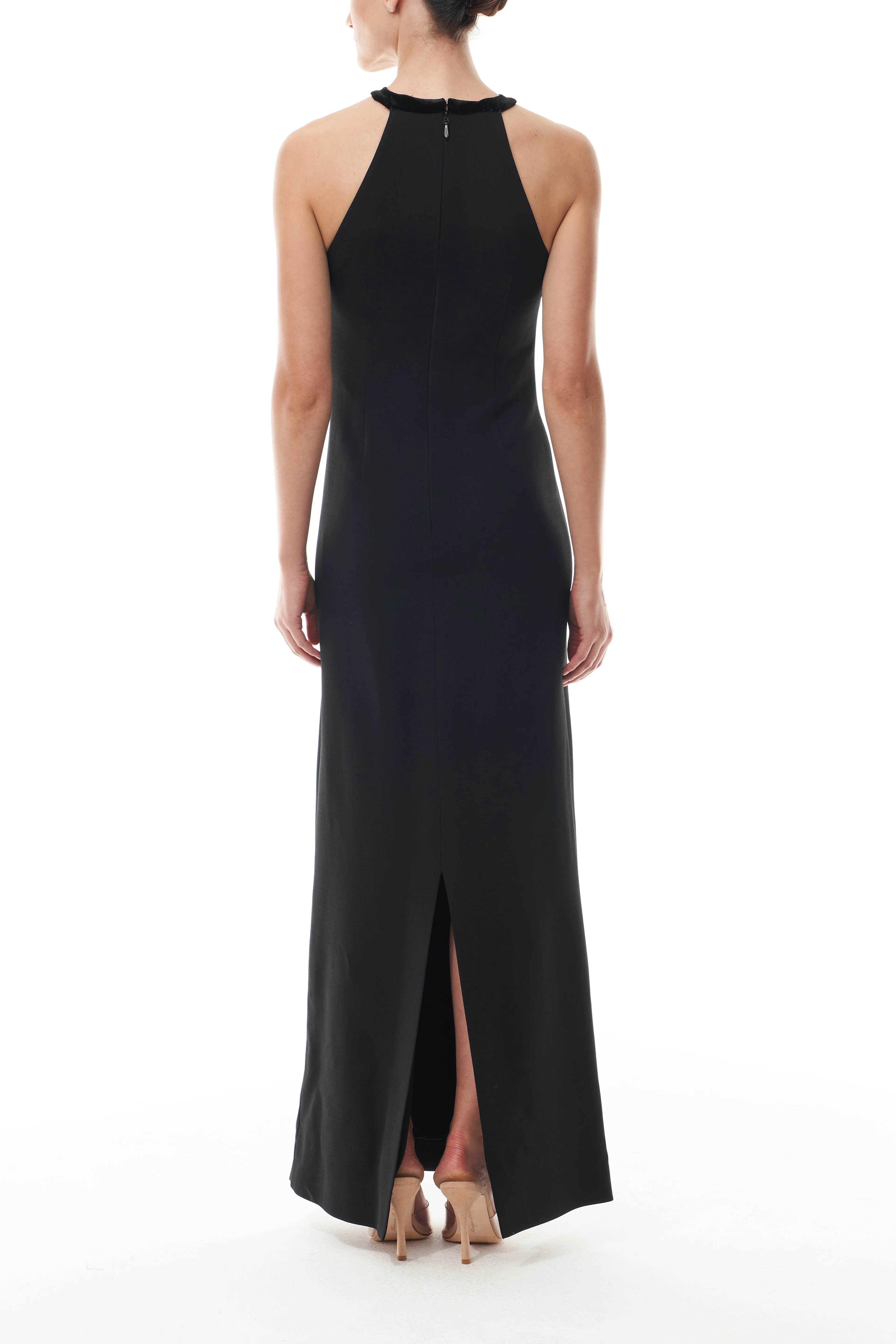 Keyhole Halter Gown With Velvet Trim - Image 5
