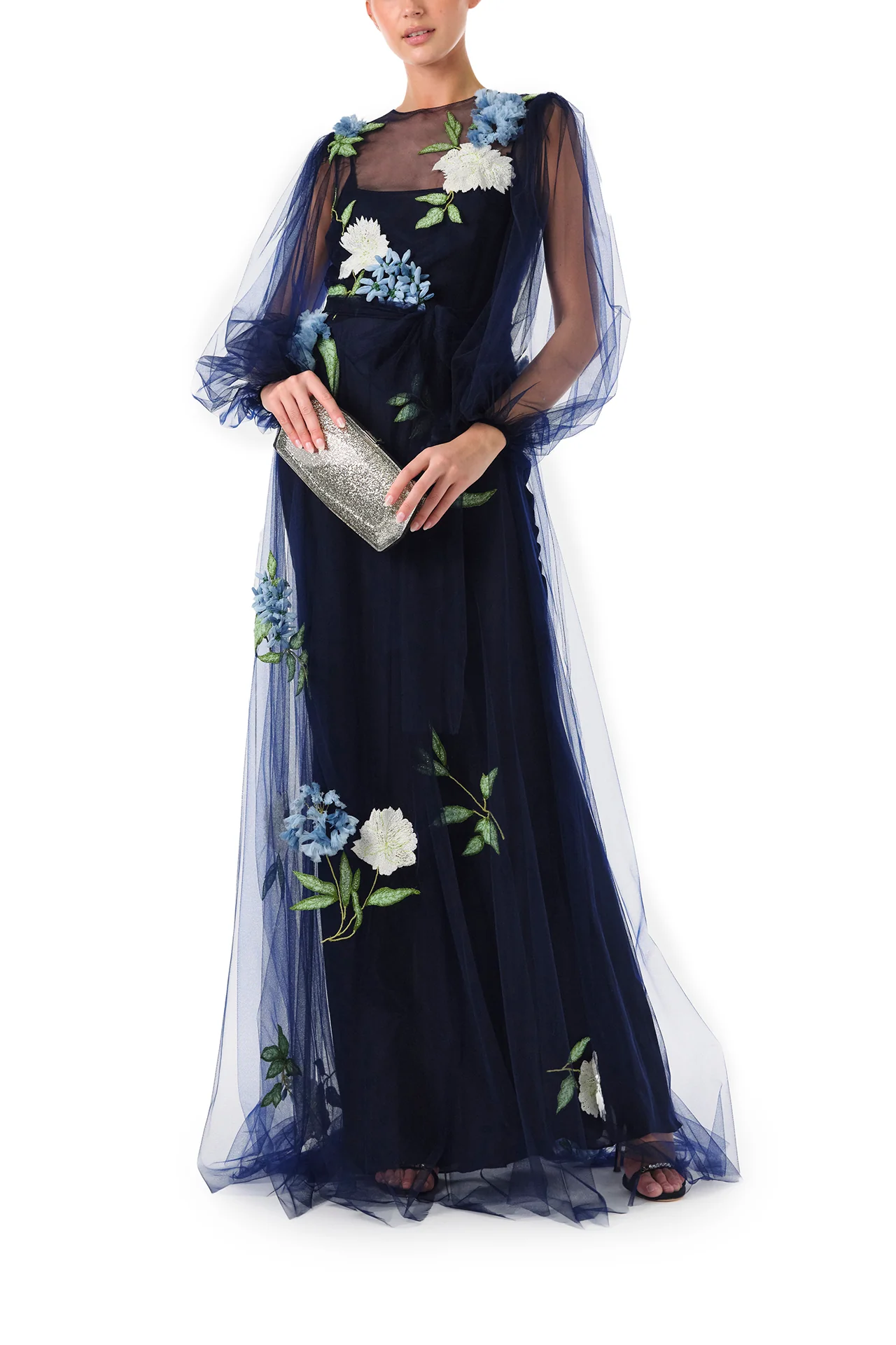 Puffed Sleeve Embroidered Tulle Gown - Image 3