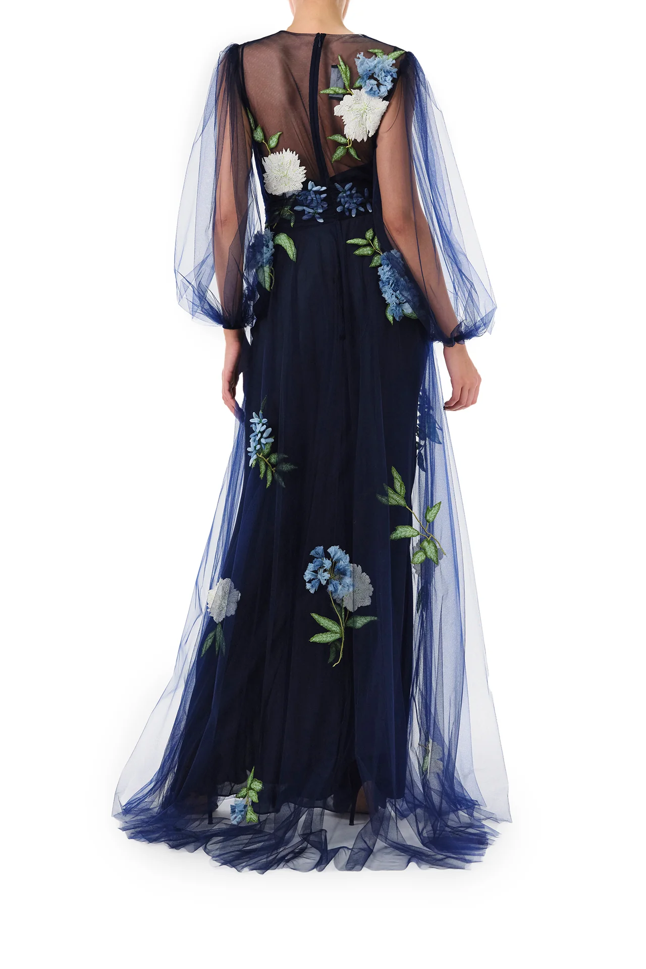 Puffed Sleeve Embroidered Tulle Gown - Image 4