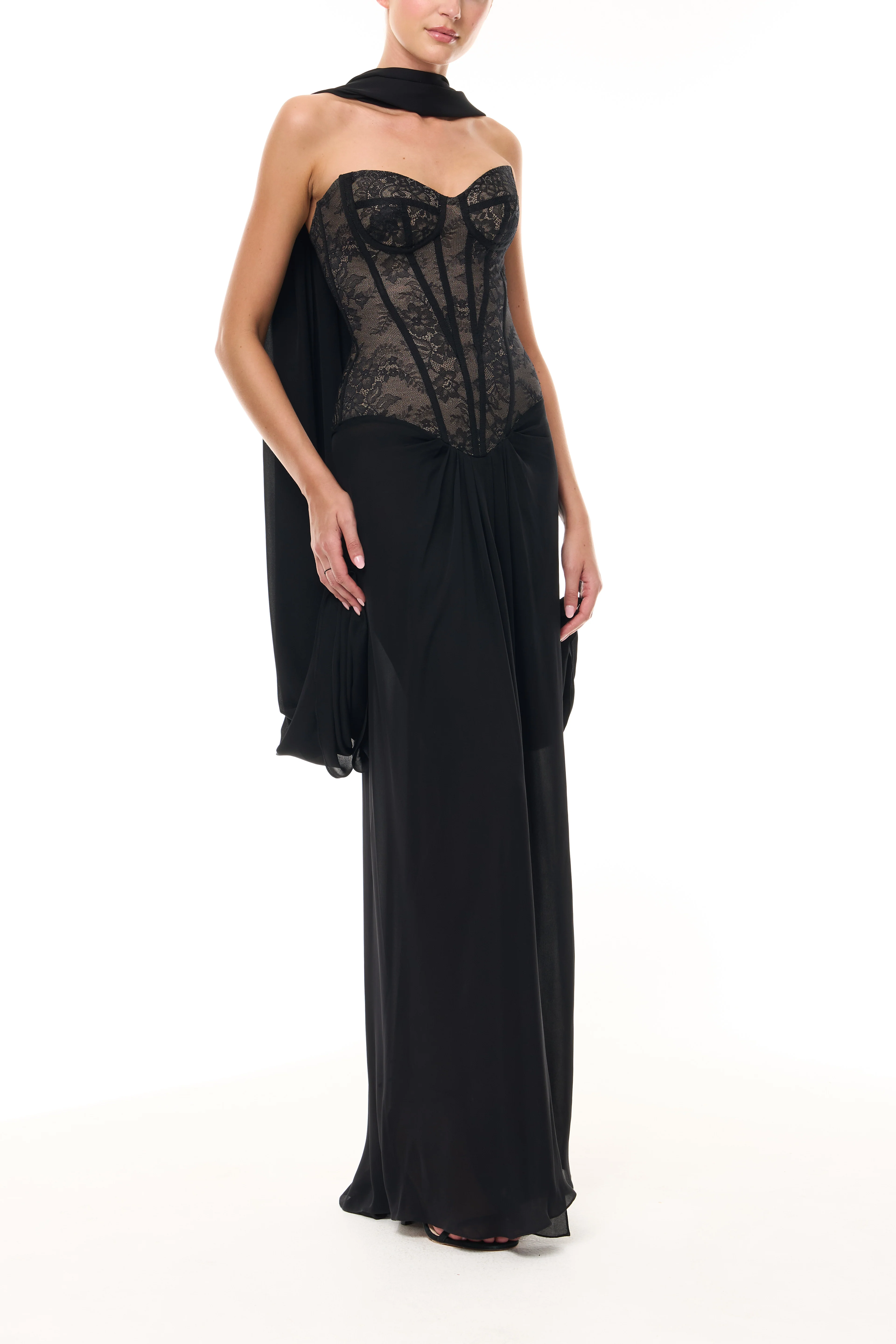 Lace Corseted Gown with Chiffon Shawl - Image 5