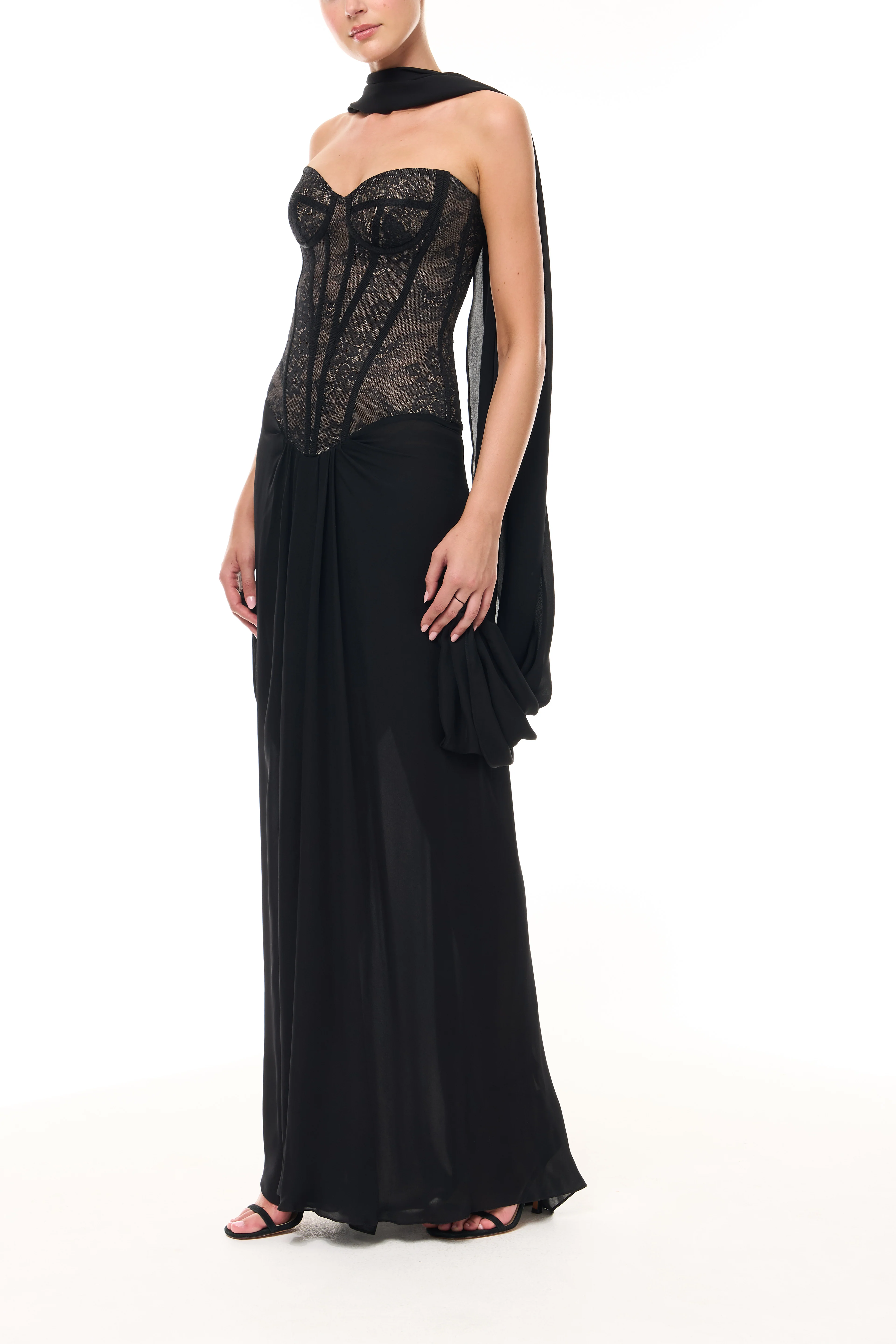 Lace Corseted Gown with Chiffon Shawl - Image 7