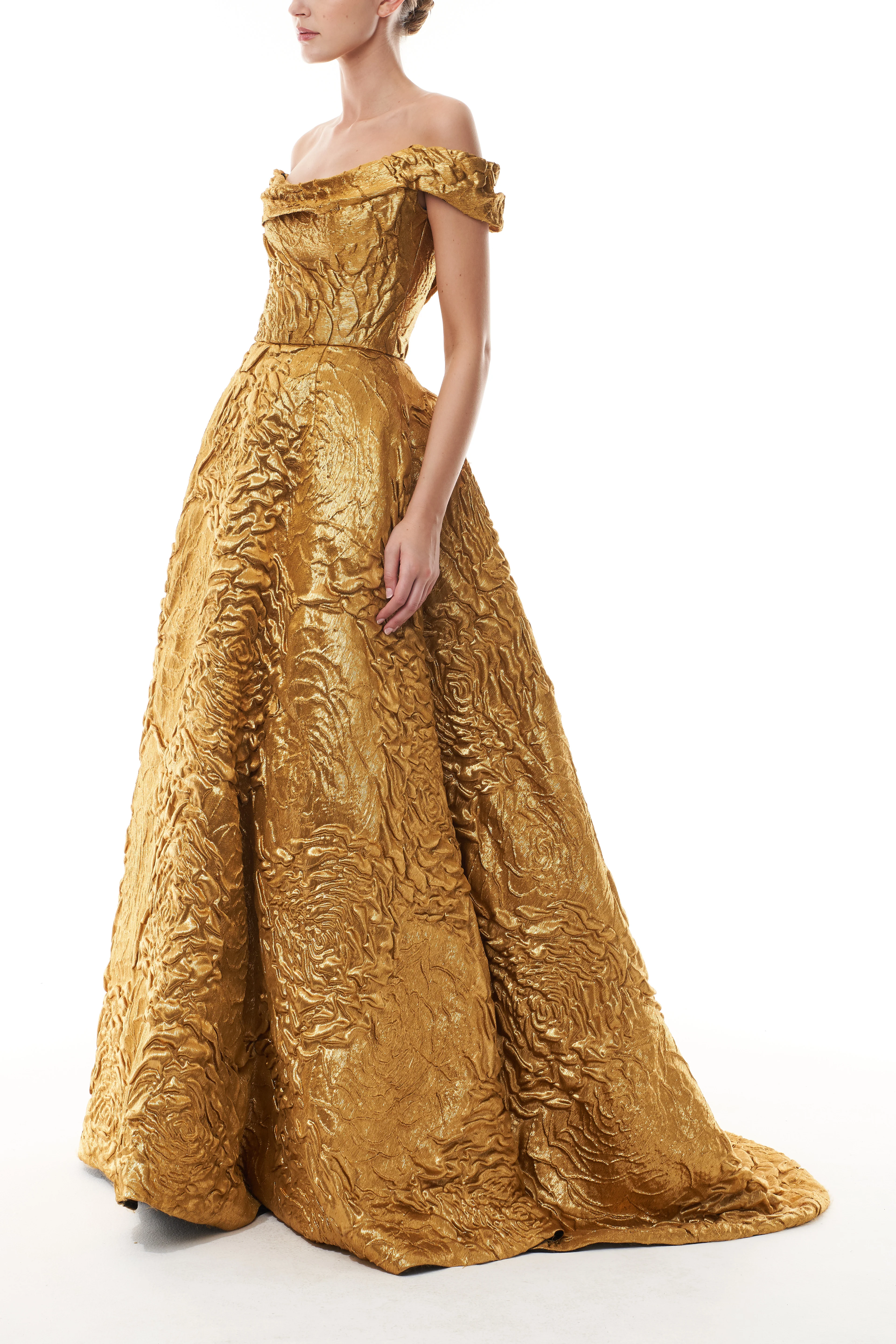 Off-The-Shoulder Gold Jacquard Ballgown - Image 3