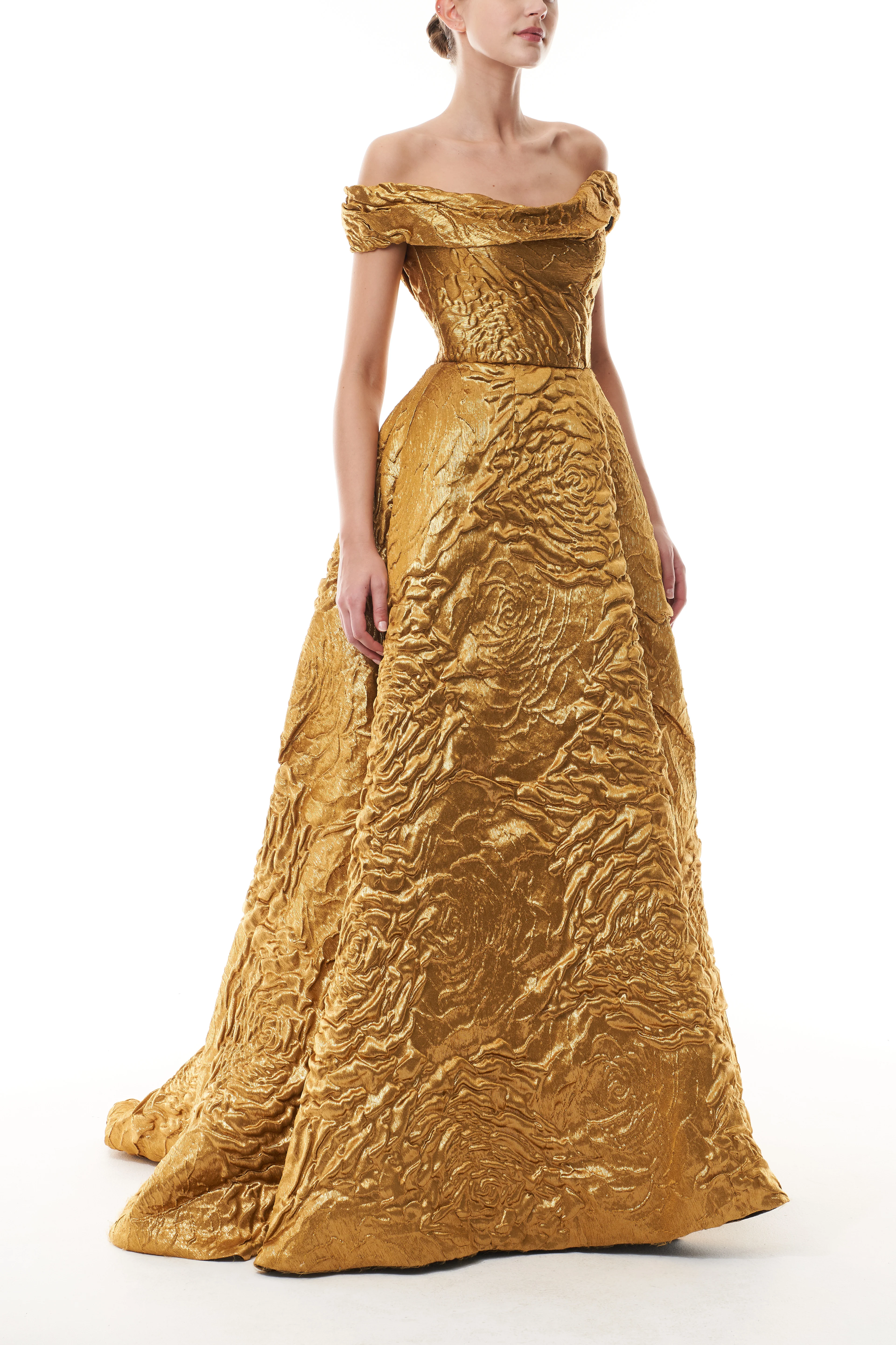 Off-The-Shoulder Gold Jacquard Ballgown - Image 4