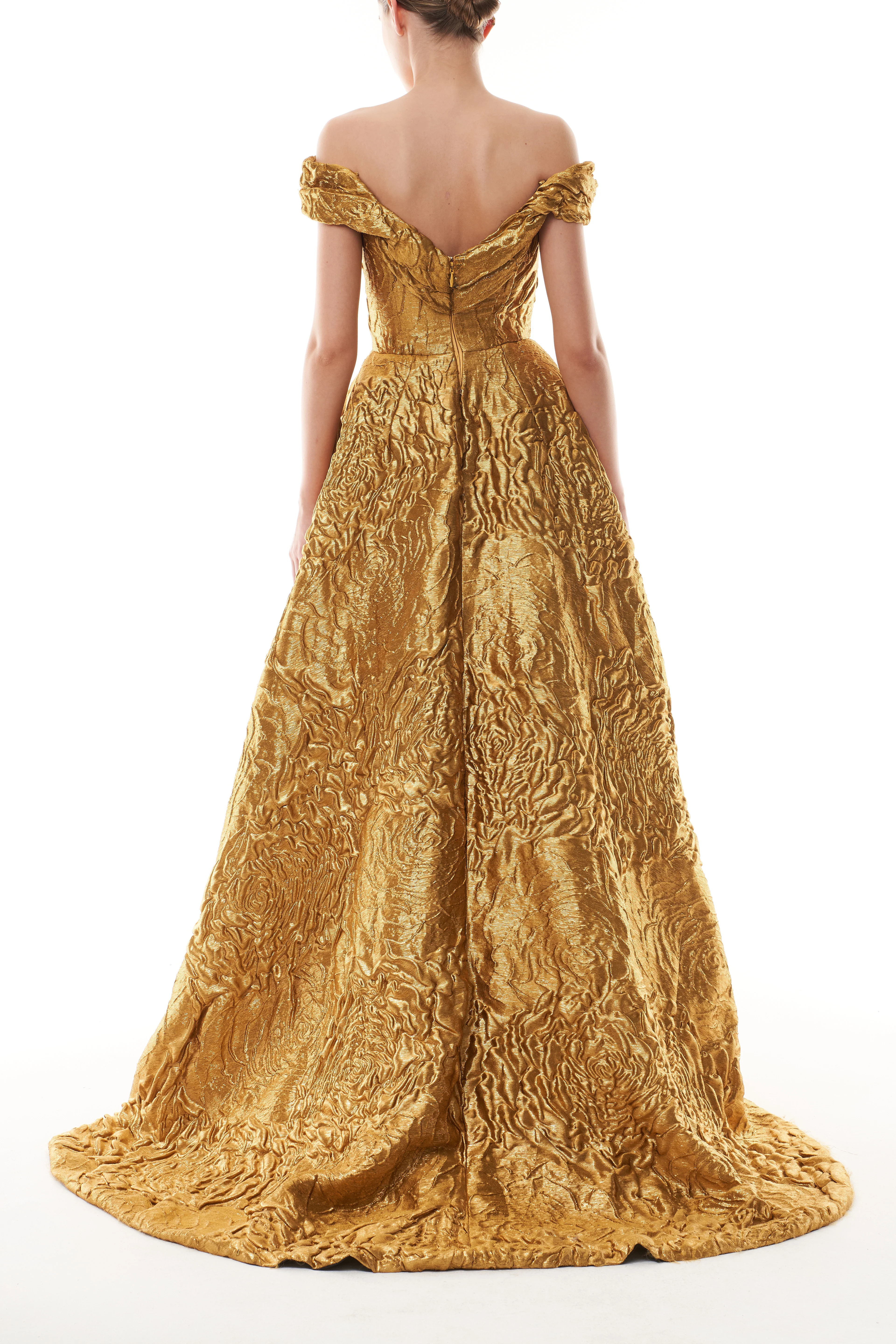 Off-The-Shoulder Gold Jacquard Ballgown - Image 5