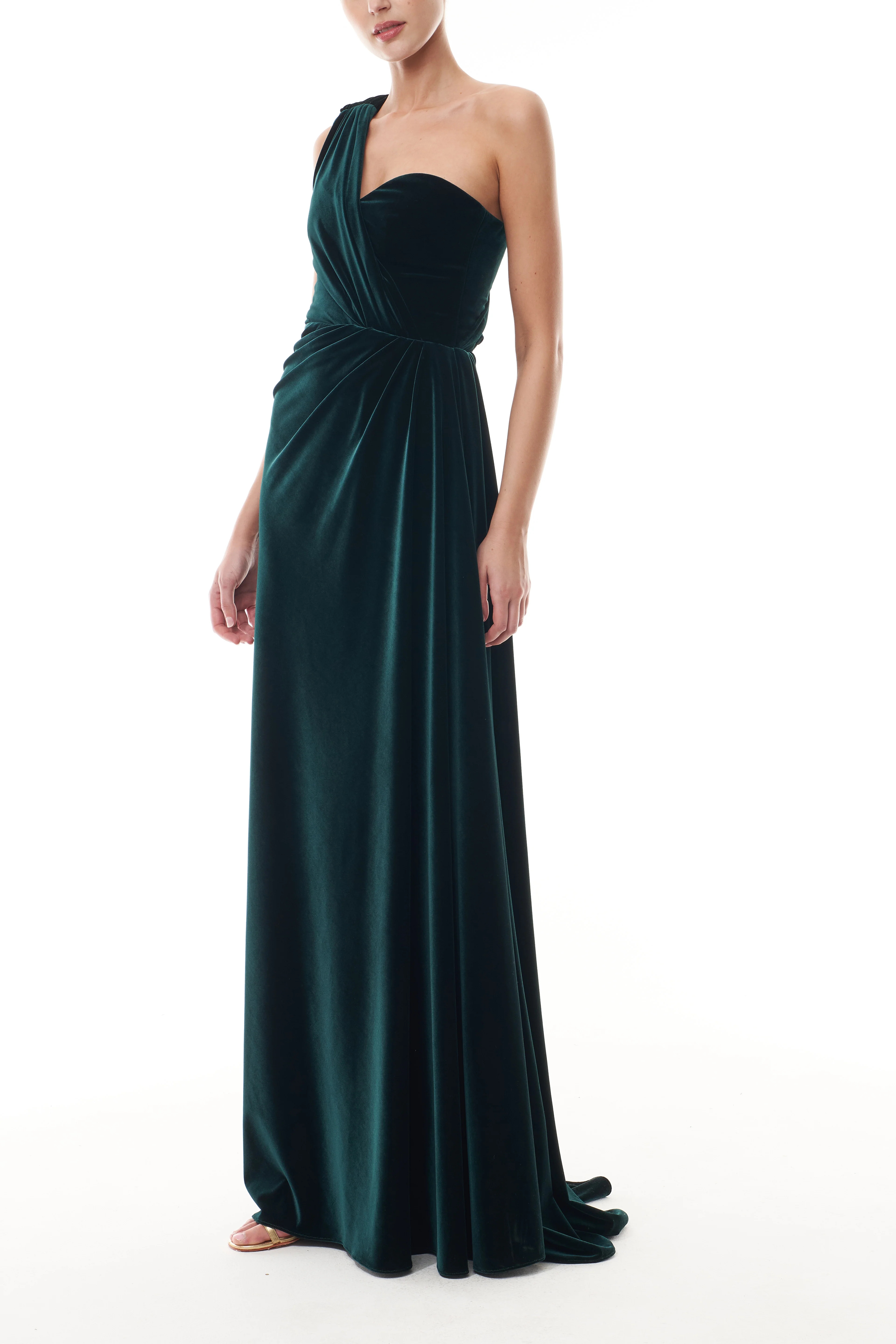 One Shoulder Deep Green Velvet Gown - Image 5