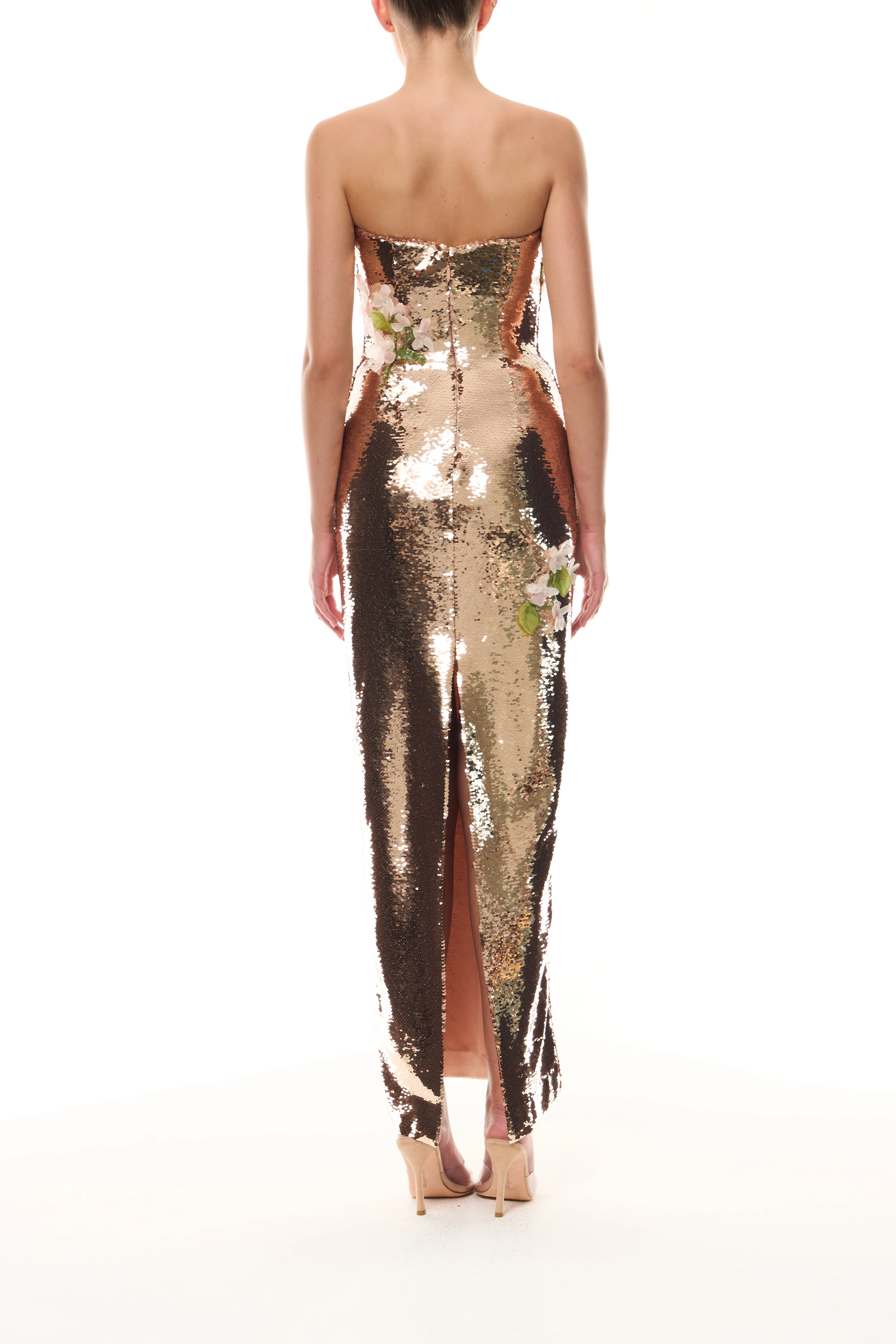 Rose Gold Floral Sequin Column Gown - Image 5