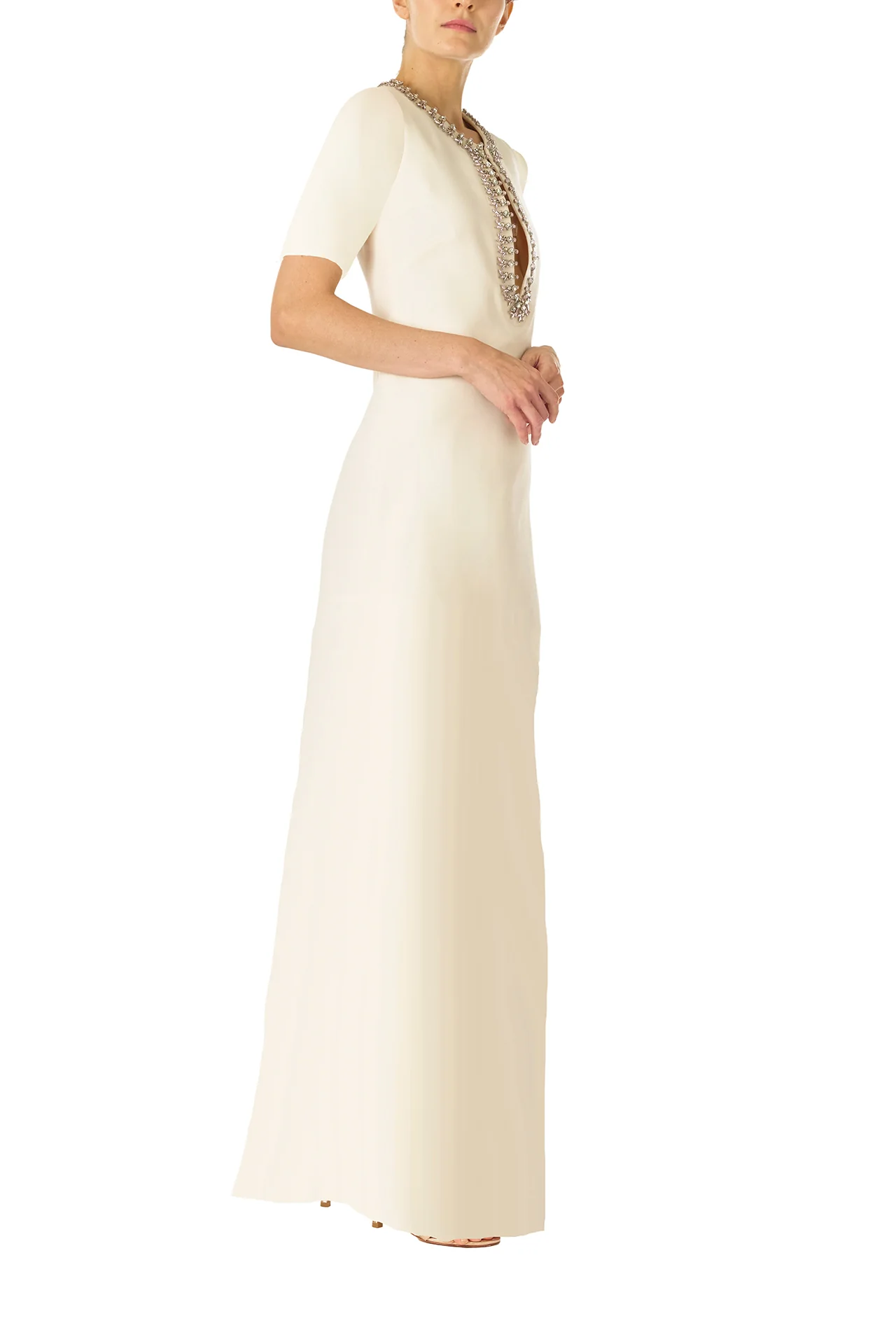 Jeweled Neck Caftan Silk White - Image 3