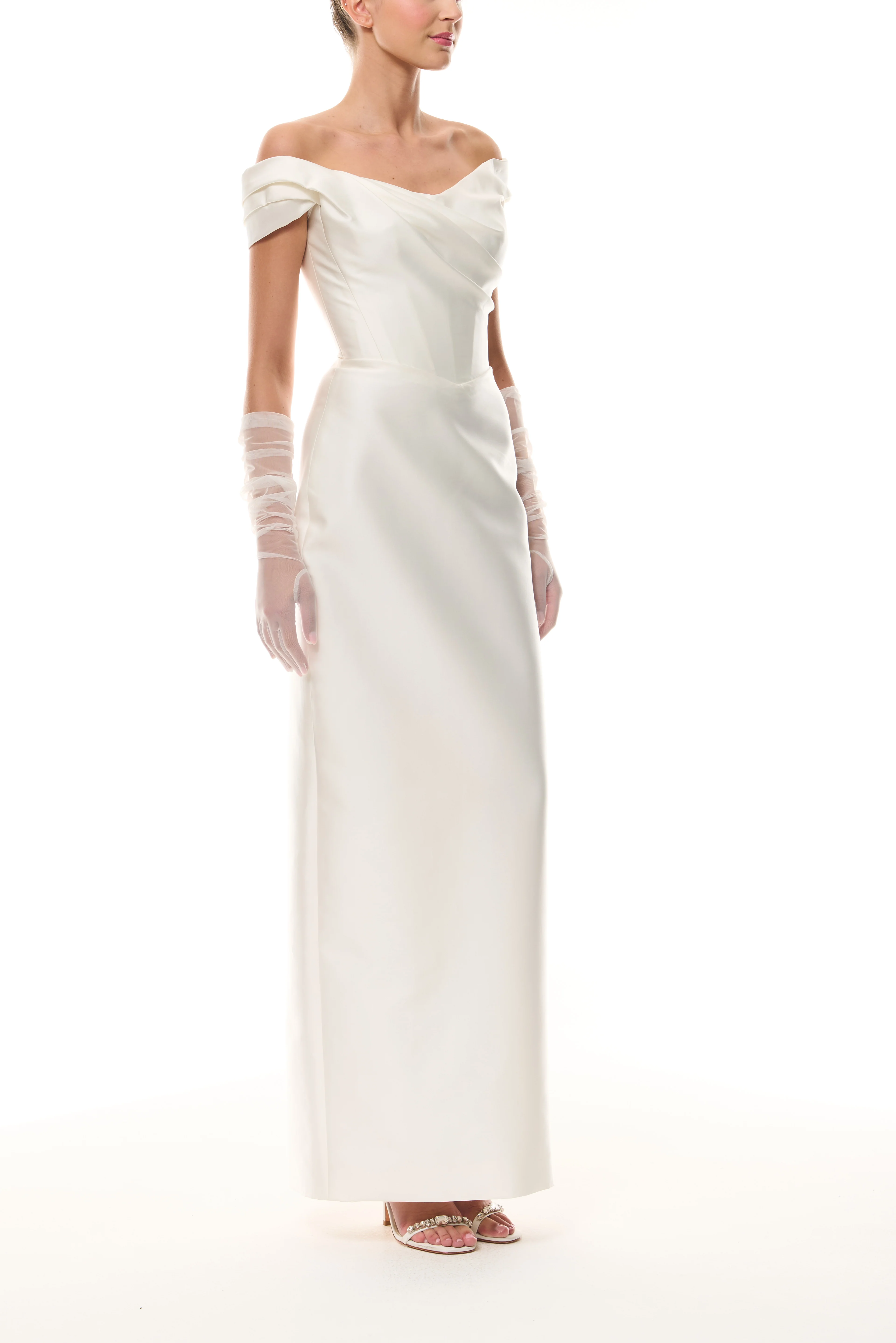 Silk White Off-The-Shoulder Column Gown - Image 4